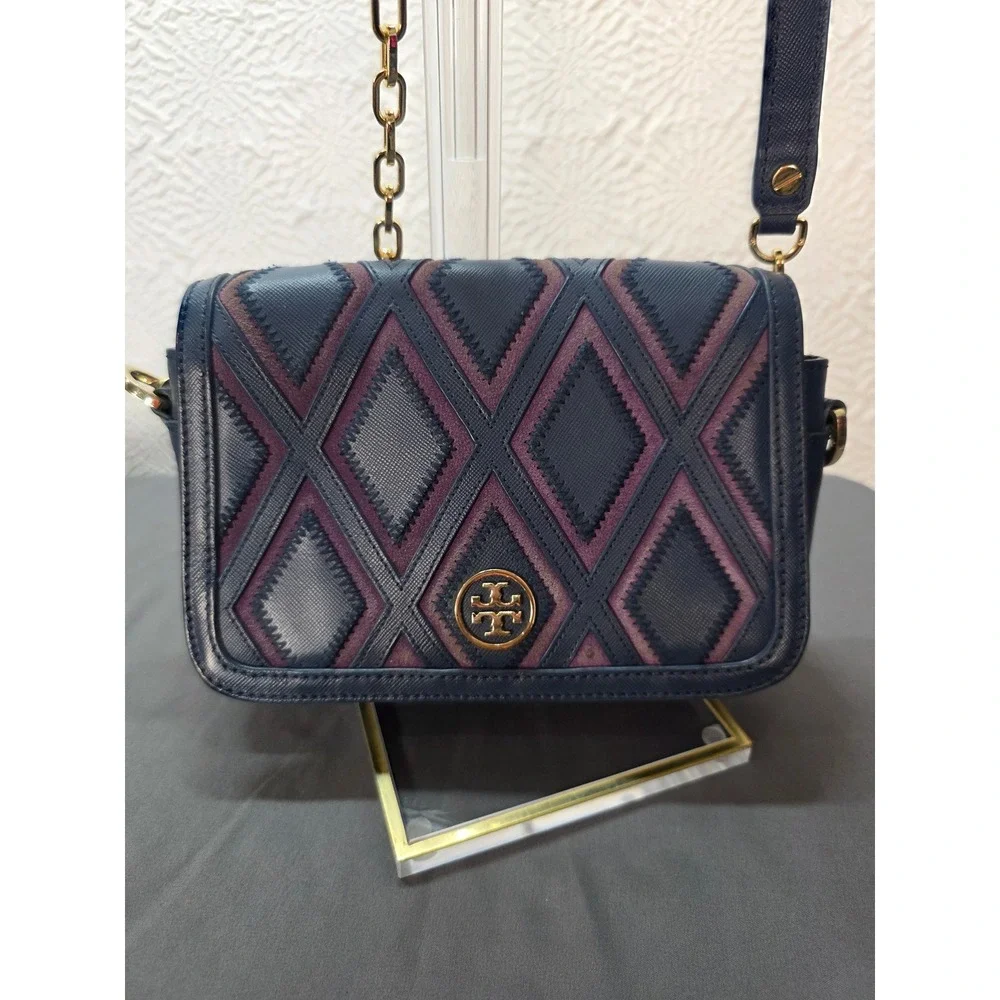 Tory Burch Robinson Patchwork Bag Womens Small Navy Blue Excellent Crossbody